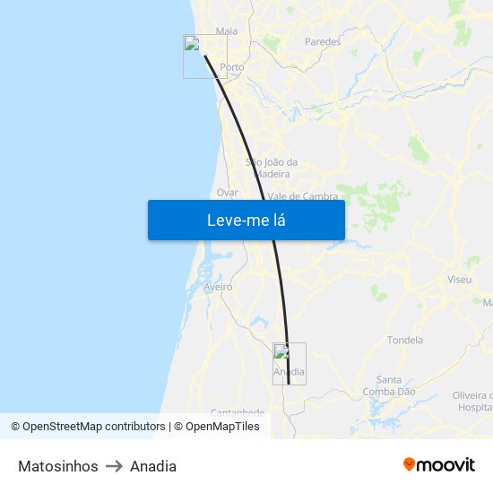 Matosinhos to Anadia map