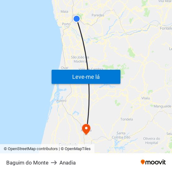 Baguim do Monte to Anadia map