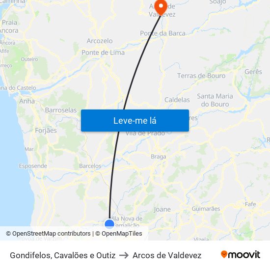 Gondifelos, Cavalões e Outiz to Arcos de Valdevez map