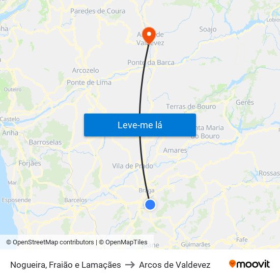 Nogueira, Fraião e Lamaçães to Arcos de Valdevez map