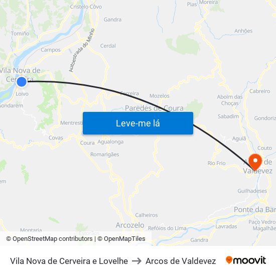 Vila Nova de Cerveira e Lovelhe to Arcos de Valdevez map