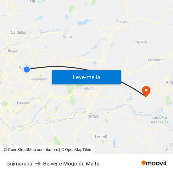 Guimarães to Belver e Mogo de Malta map