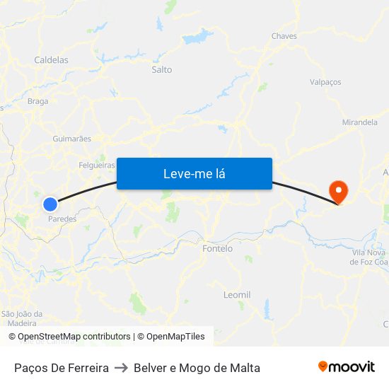 Paços De Ferreira to Belver e Mogo de Malta map