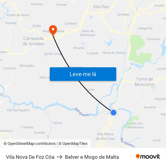 Vila Nova De Foz Côa to Belver e Mogo de Malta map