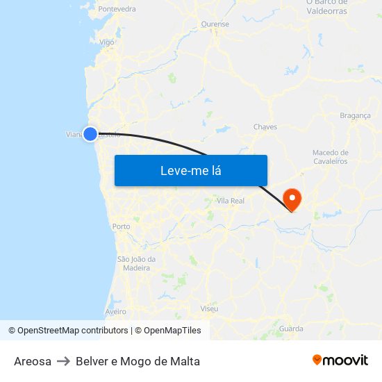 Areosa to Belver e Mogo de Malta map