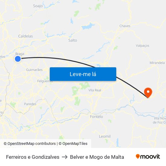 Ferreiros e Gondizalves to Belver e Mogo de Malta map