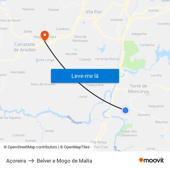 Açoreira to Belver e Mogo de Malta map