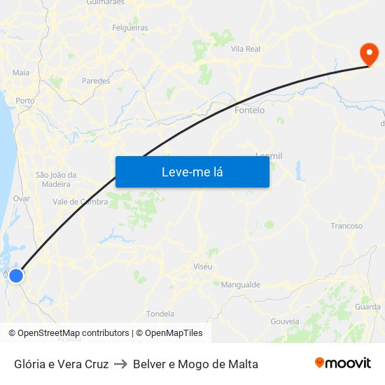 Glória e Vera Cruz to Belver e Mogo de Malta map