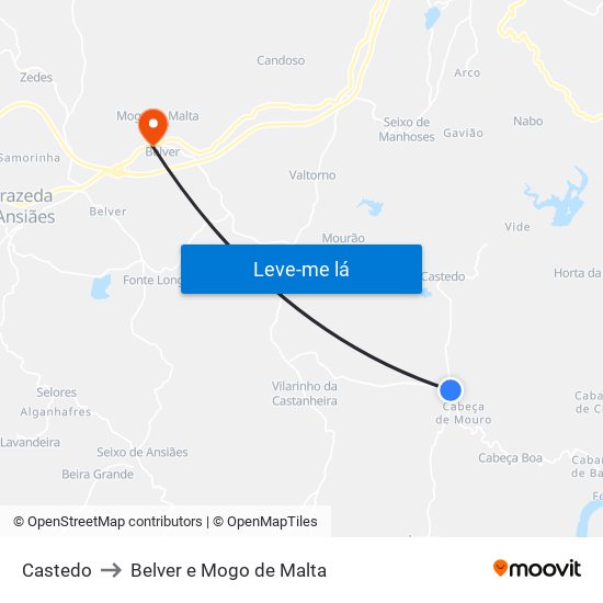 Castedo to Belver e Mogo de Malta map