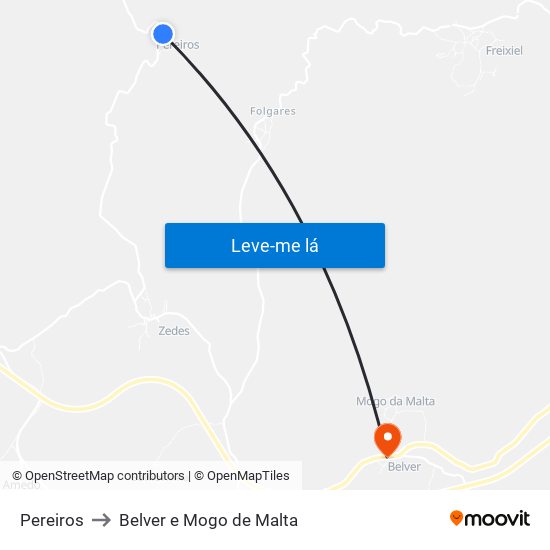 Pereiros to Belver e Mogo de Malta map