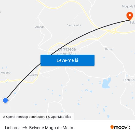 Linhares to Belver e Mogo de Malta map