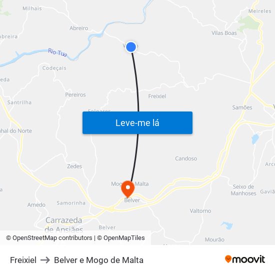Freixiel to Belver e Mogo de Malta map