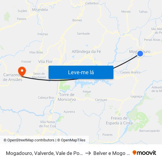 Mogadouro, Valverde, Vale de Porco e Vilar de Rei to Belver e Mogo de Malta map