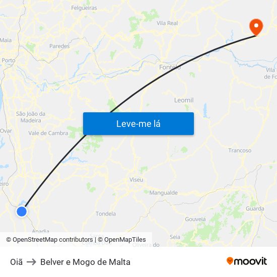 Oiã to Belver e Mogo de Malta map