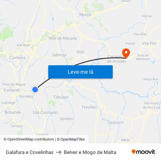 Galafura e Covelinhas to Belver e Mogo de Malta map