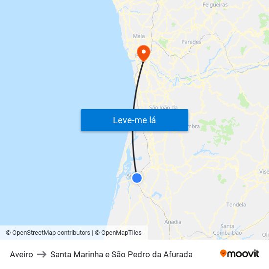 Aveiro to Santa Marinha e São Pedro da Afurada map