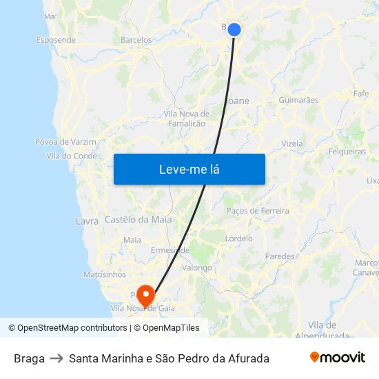 Braga to Santa Marinha e São Pedro da Afurada map