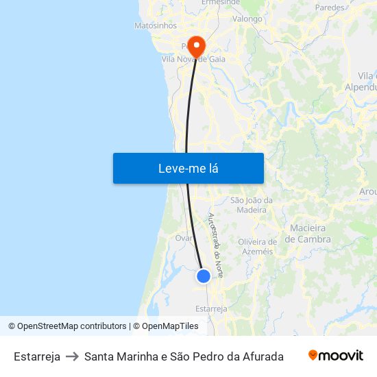 Estarreja to Santa Marinha e São Pedro da Afurada map