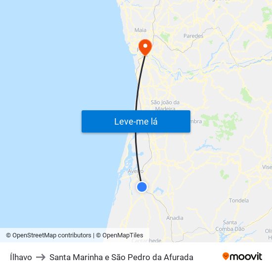 Ílhavo to Santa Marinha e São Pedro da Afurada map