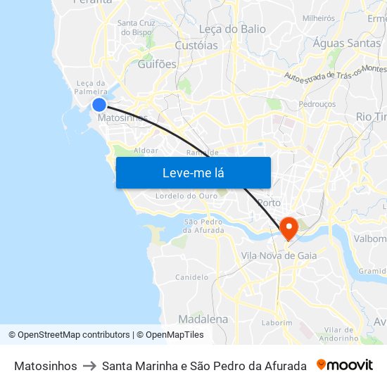 Matosinhos to Santa Marinha e São Pedro da Afurada map