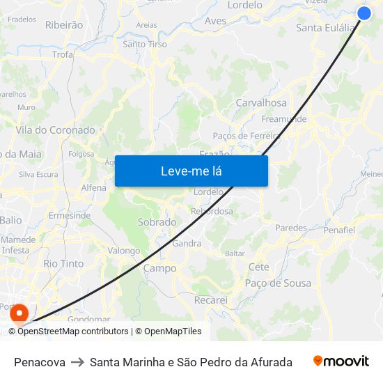 Penacova to Santa Marinha e São Pedro da Afurada map