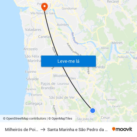 Milheirós de Poiares to Santa Marinha e São Pedro da Afurada map