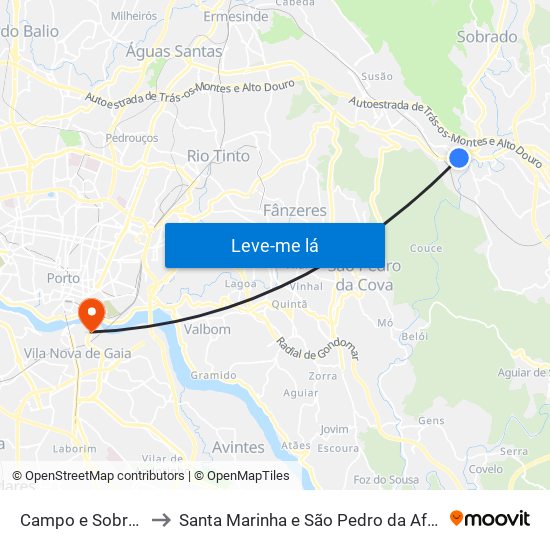 Campo e Sobrado to Santa Marinha e São Pedro da Afurada map