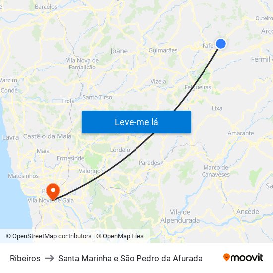 Ribeiros to Santa Marinha e São Pedro da Afurada map