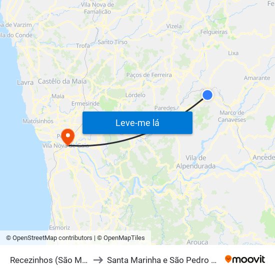 Recezinhos (São Mamede) to Santa Marinha e São Pedro da Afurada map