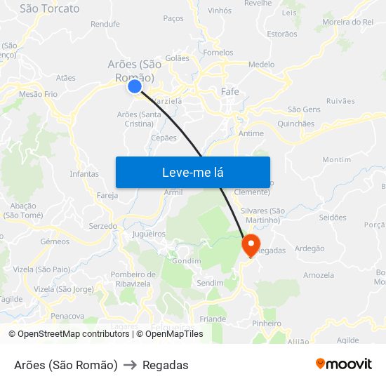Arões (São Romão) to Regadas map