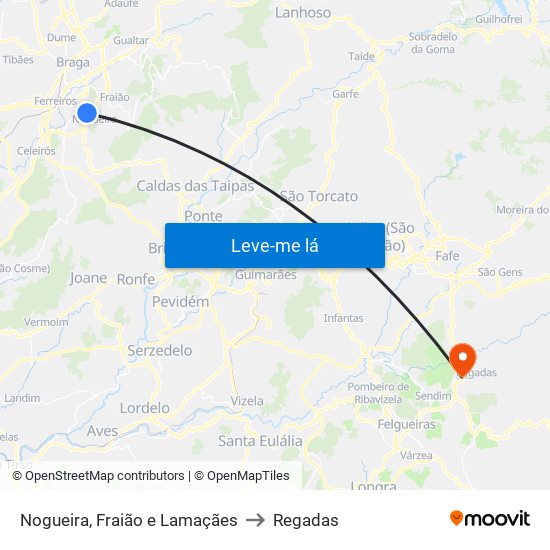 Nogueira, Fraião e Lamaçães to Regadas map