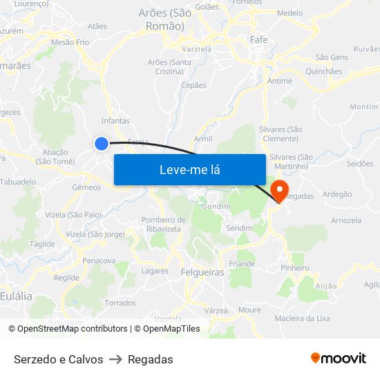 Serzedo e Calvos to Regadas map