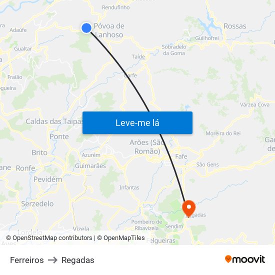 Ferreiros to Regadas map
