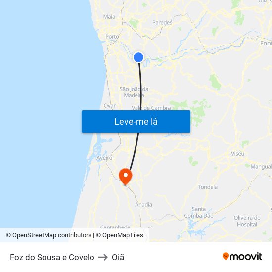 Foz do Sousa e Covelo to Oiã map