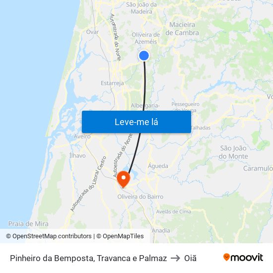 Pinheiro da Bemposta, Travanca e Palmaz to Oiã map