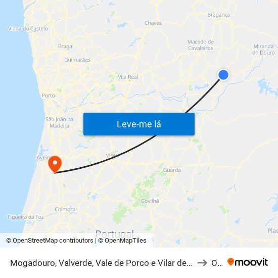 Mogadouro, Valverde, Vale de Porco e Vilar de Rei to Oiã map