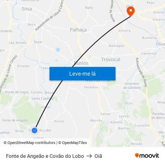 Fonte de Angeão e Covão do Lobo to Oiã map