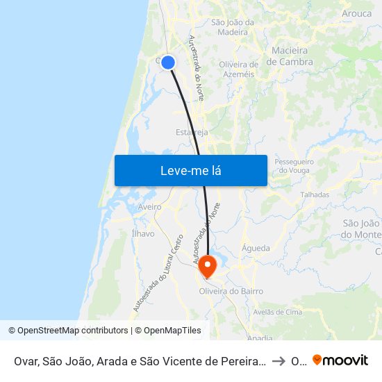 Ovar, São João, Arada e São Vicente de Pereira Jusã to Oiã map