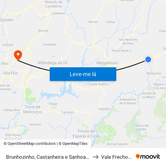 Brunhozinho, Castanheira e Sanhoane to Vale Frechoso map
