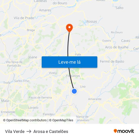 Vila Verde to Arosa e Castelões map