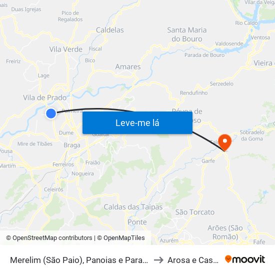Merelim (São Paio), Panoias e Parada de Tibães to Arosa e Castelões map