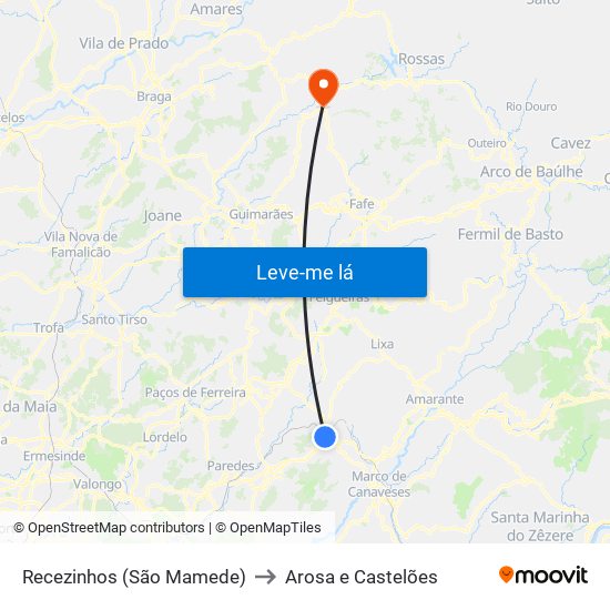 Recezinhos (São Mamede) to Arosa e Castelões map