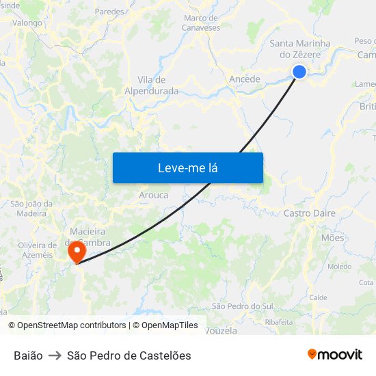 Baião to São Pedro de Castelões map