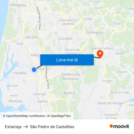 Estarreja to São Pedro de Castelões map