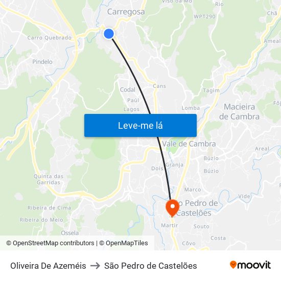 Oliveira De Azeméis to São Pedro de Castelões map