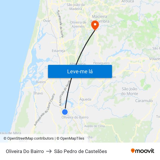 Oliveira Do Bairro to São Pedro de Castelões map