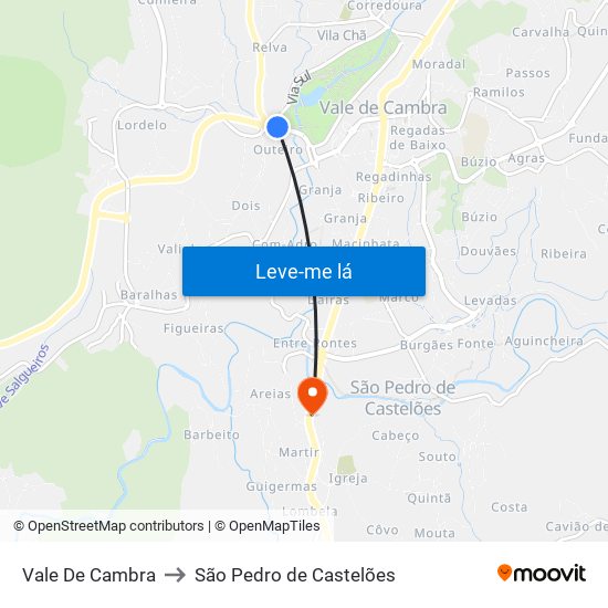 Vale De Cambra to São Pedro de Castelões map