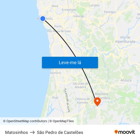 Matosinhos to São Pedro de Castelões map