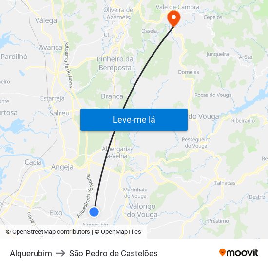 Alquerubim to São Pedro de Castelões map