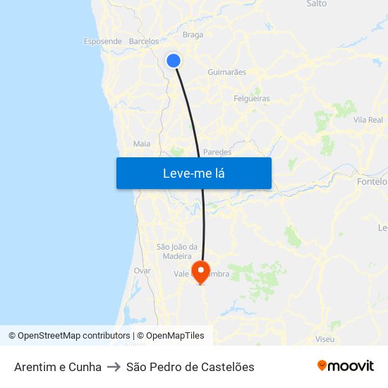 Arentim e Cunha to São Pedro de Castelões map